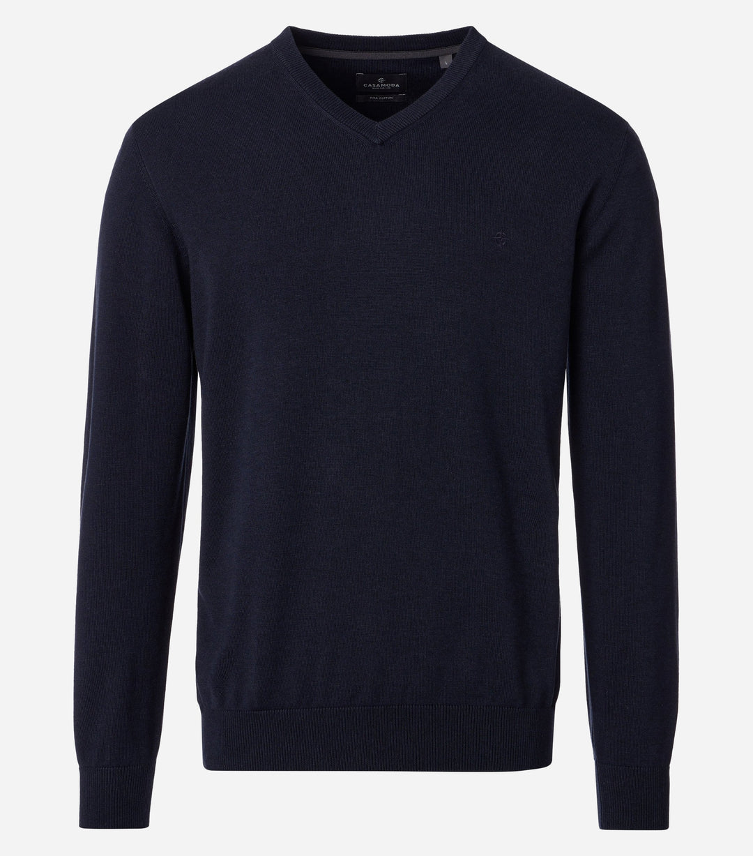 Navy cotton V-neck sweater with long sleeves, ribbed cuffs and hem