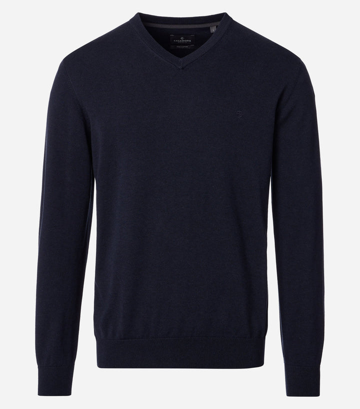 Navy cotton V-neck sweater with long sleeves, ribbed cuffs and hem