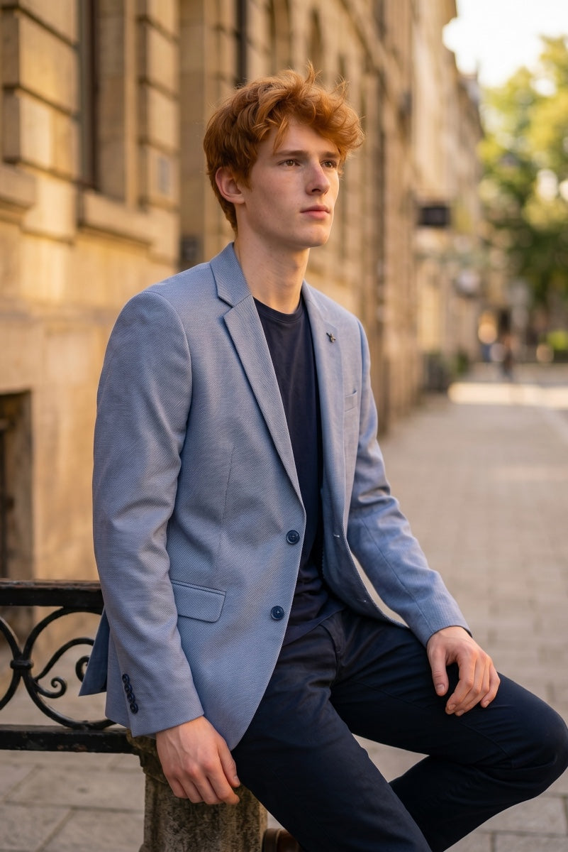 Light blue blazer with notch lapels and front pockets, styled with dark pants