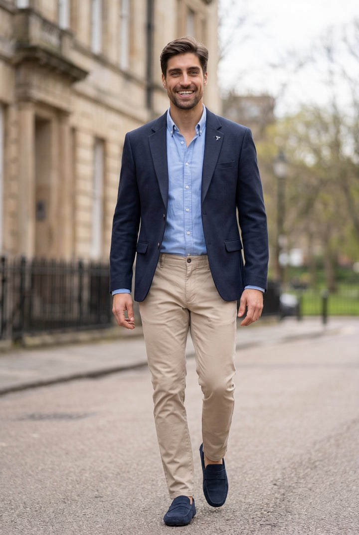 Navy blazer with notch lapels and two-button front, long sleeves