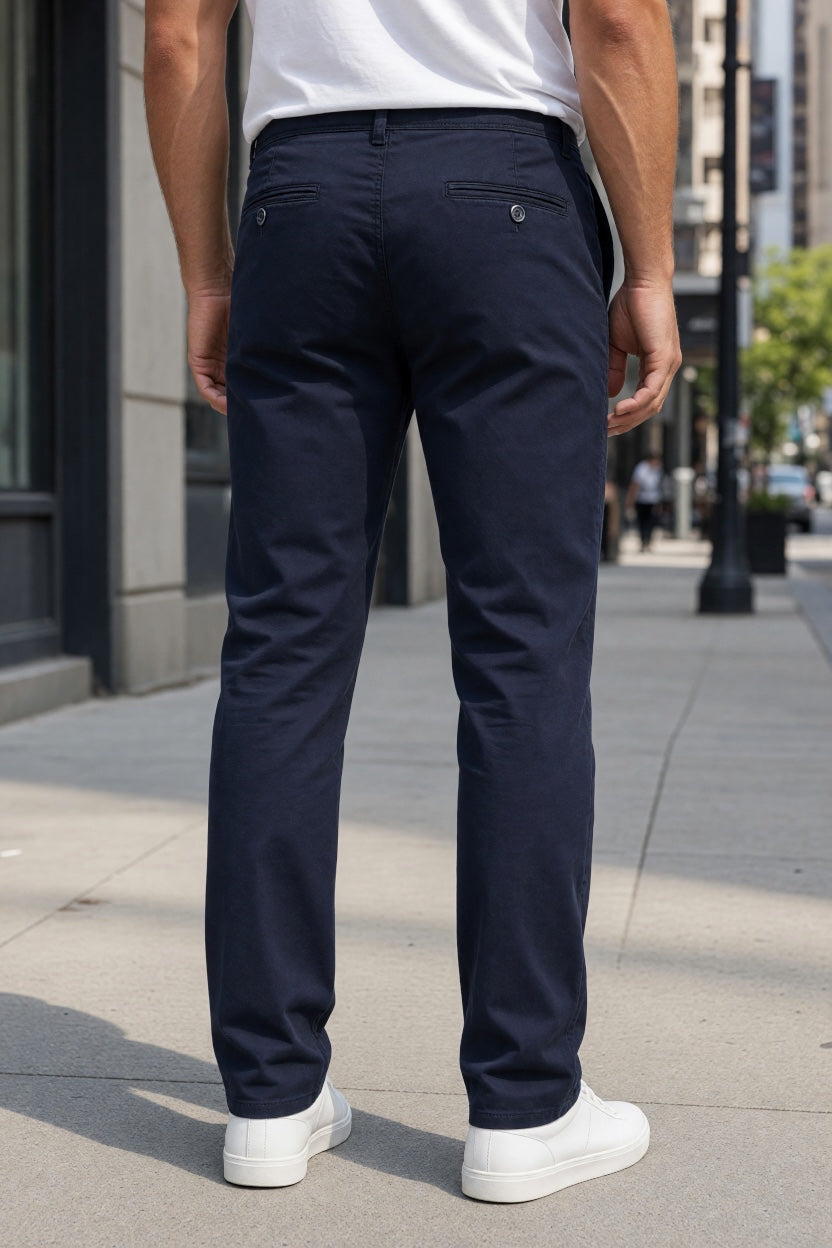 Navy stretch tapered chino pants, rear view with belt loops and button closure