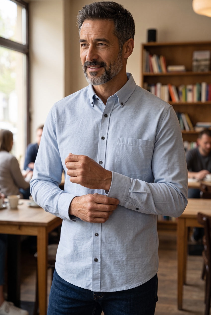 CASA MODA AQUA long-sleeve shirt with button-down collar and chest pocket, worn with dark jeans