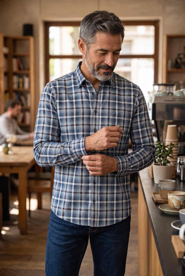 CASA MODA blue check shirt worn with dark jeans, showing its button front and long sleeves