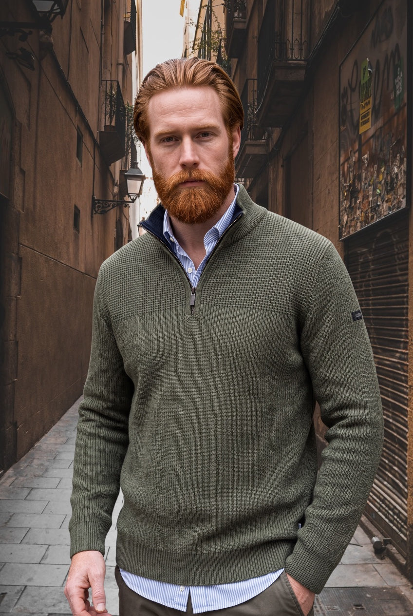 CASA MODA half-zip sweater worn with a raised collar and blue shirt underneath