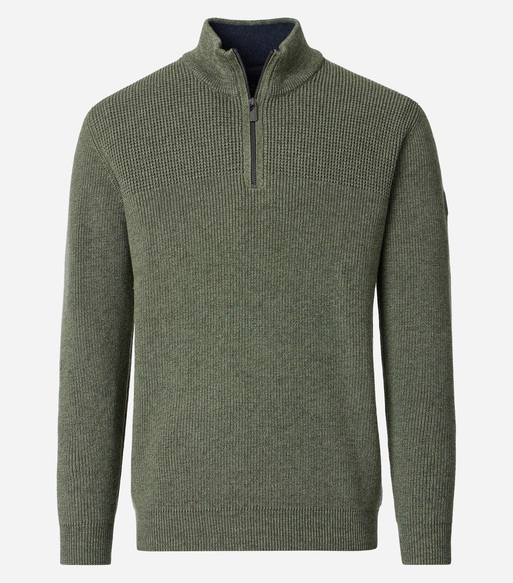 CASA MODA olive green half-zip sweater with a ribbed collar, cuffs, and hem