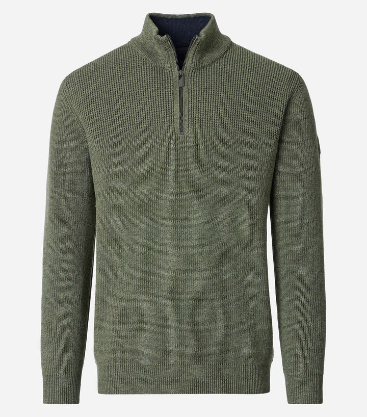 CASA MODA olive green half-zip sweater with a ribbed collar, cuffs, and hem
