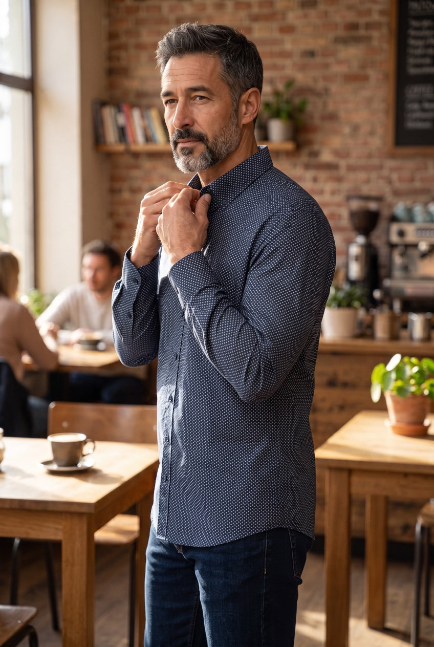 CASA MODA navy printed shirt with long sleeves and button front, worn with the collar being adjusted