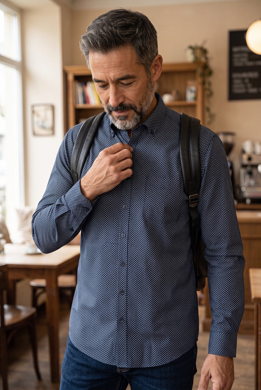 CASA MODA navy printed shirt with button front and long sleeves, worn with backpack straps