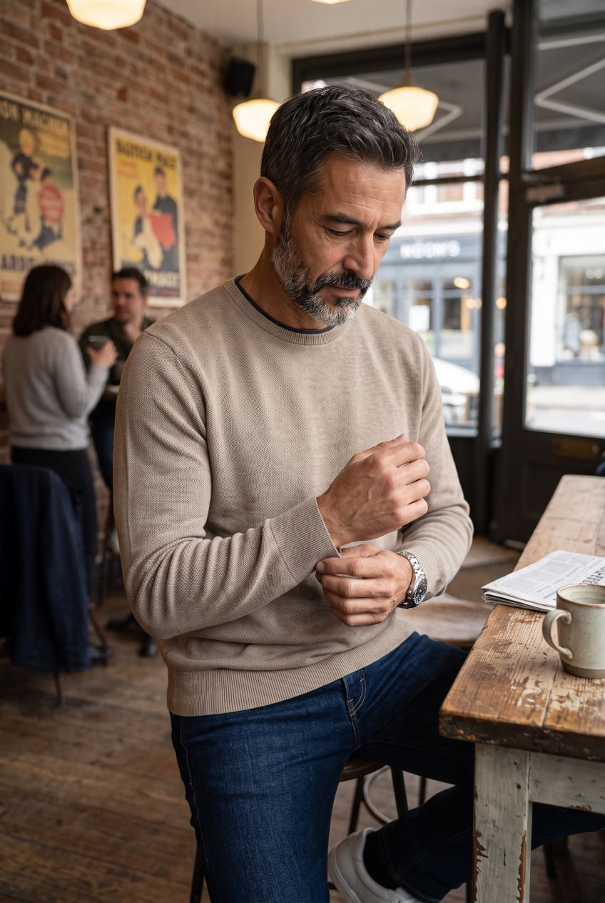 CASA MODA stone crew-neck sweater with long sleeves and ribbed cuffs and hem, worn with jeans.