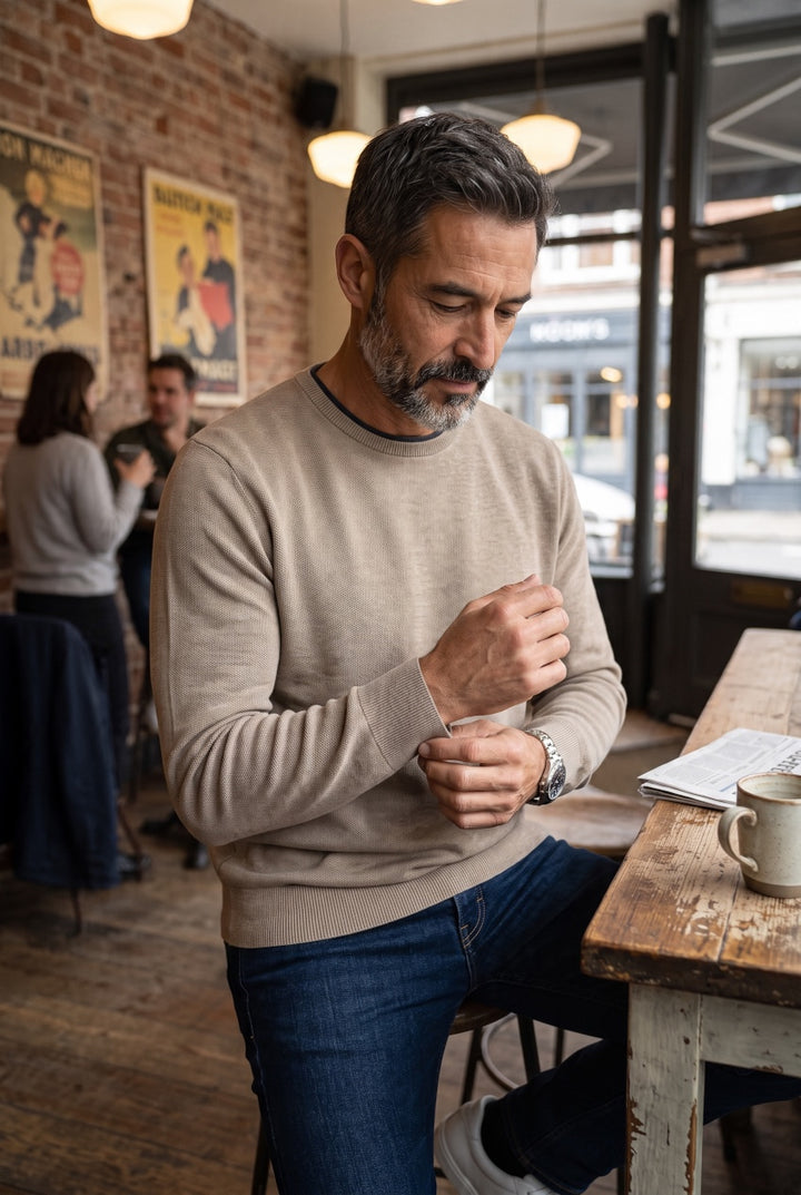 CASA MODA stone crew-neck sweater with long sleeves and ribbed cuffs and hem, worn with jeans.