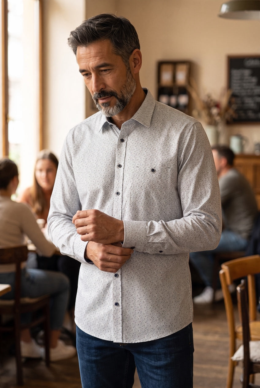 CASA MODA printed shirt worn, with long sleeves, button front, and a chest pocket.