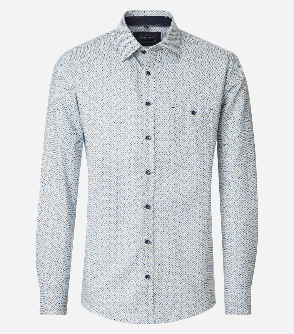 CASA MODA long-sleeve shirt with a fine blue and tan print, button front, and chest pocket.