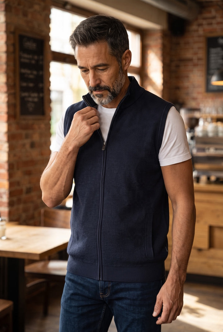 CASA MODA navy full-zip knitted vest with stand collar, worn over a white T-shirt
