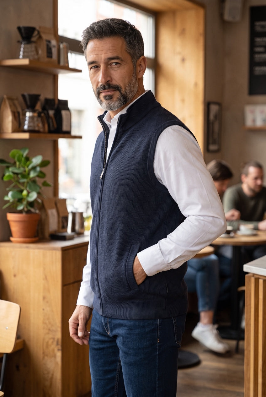 CASA MODA navy knitted vest with full zip, stand collar, and side pockets