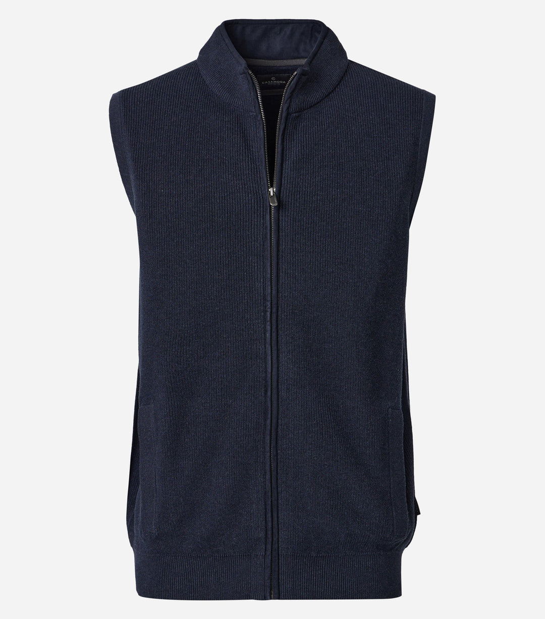 CASA MODA navy knitted vest shown flat, with full zip, stand collar, and ribbed hem