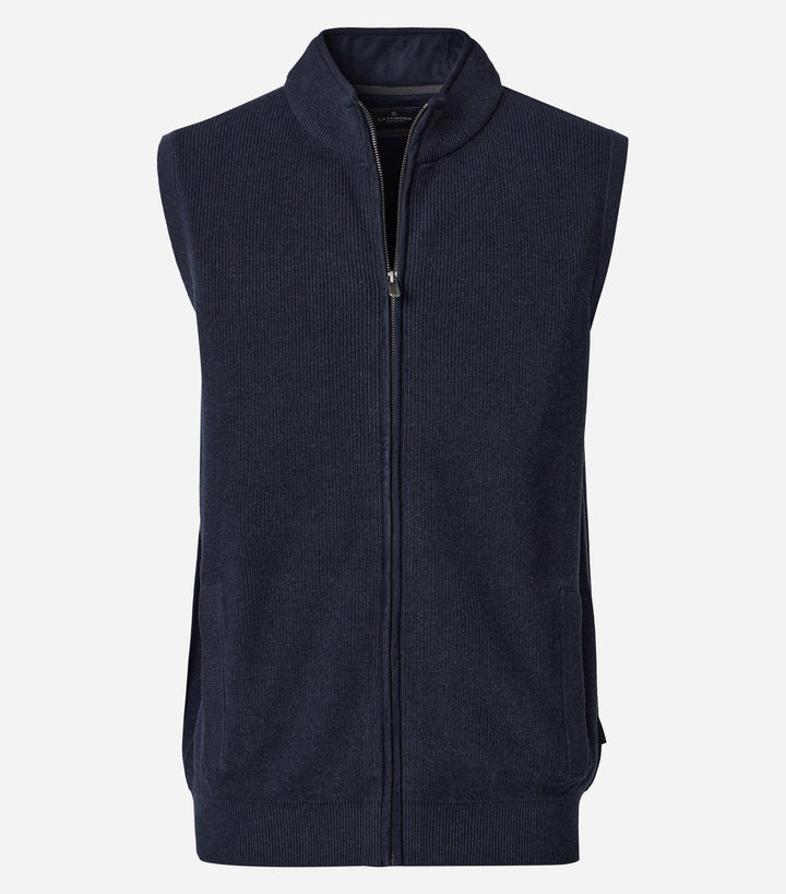 CASA MODA navy knitted vest shown flat, with full zip, stand collar, and ribbed hem