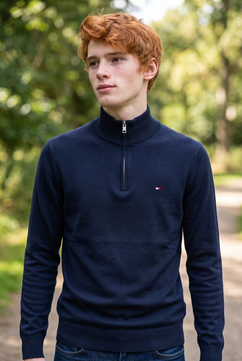 TOMMY HILFIGER navy mock neck zip pullover sweater, ribbed cuffs and hem