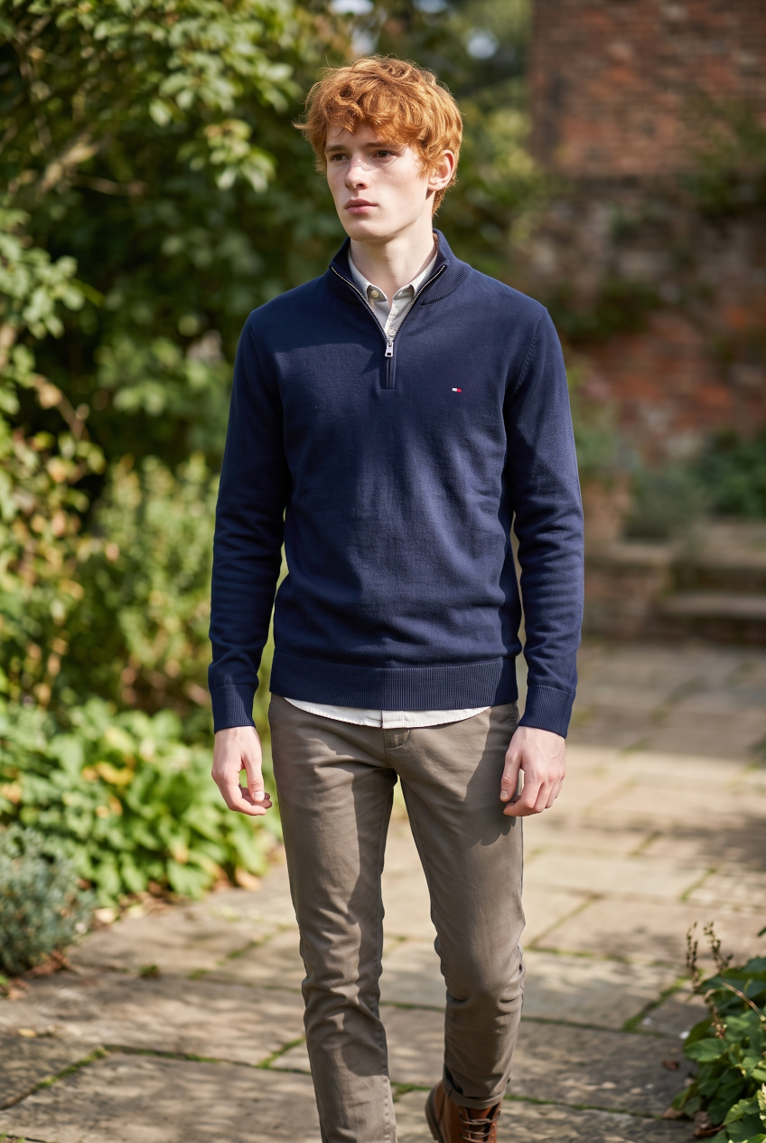 TOMMY HILFIGER navy mock neck half-zip sweater with small chest logo