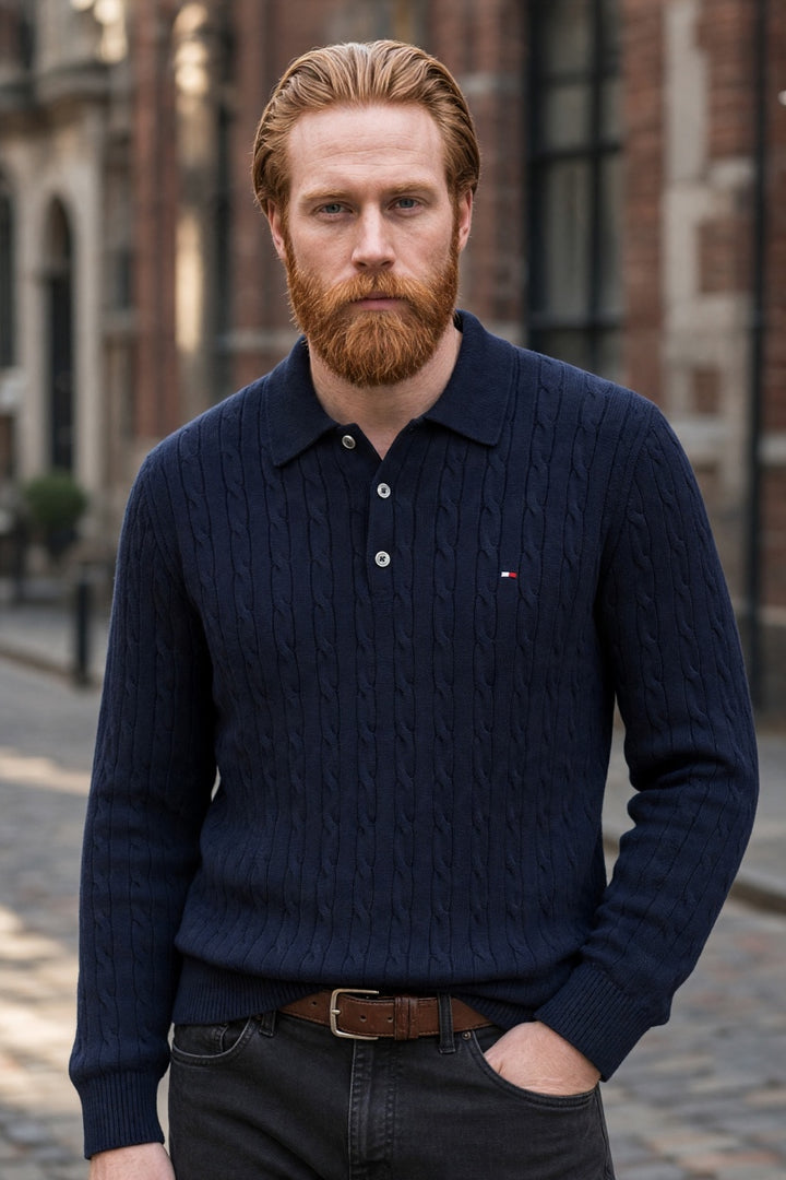 Navy cotton cable-knit long-sleeve polo with button placket and short collar