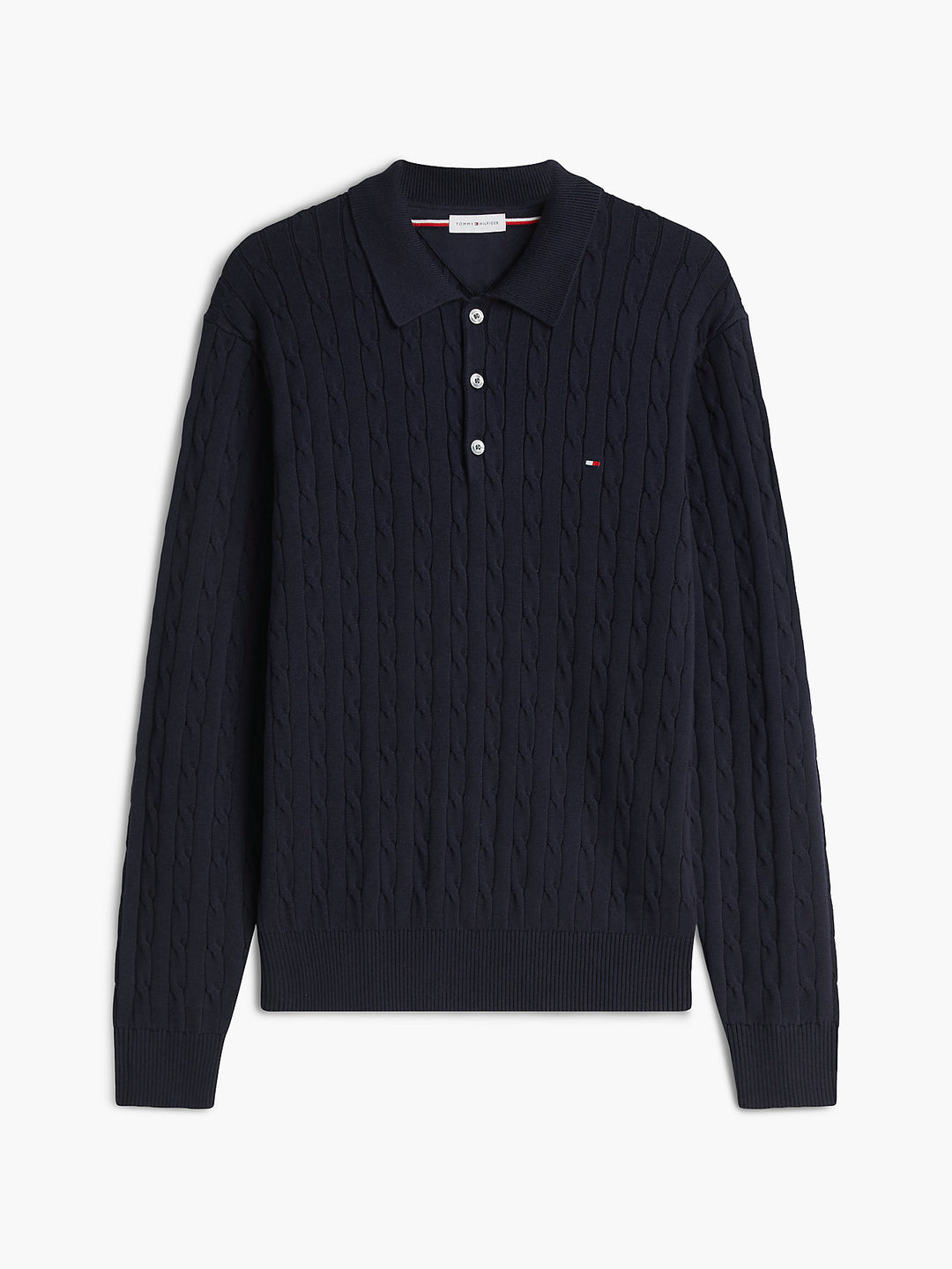 Navy cotton cable-knit long-sleeve polo sweater with button placket and chest logo