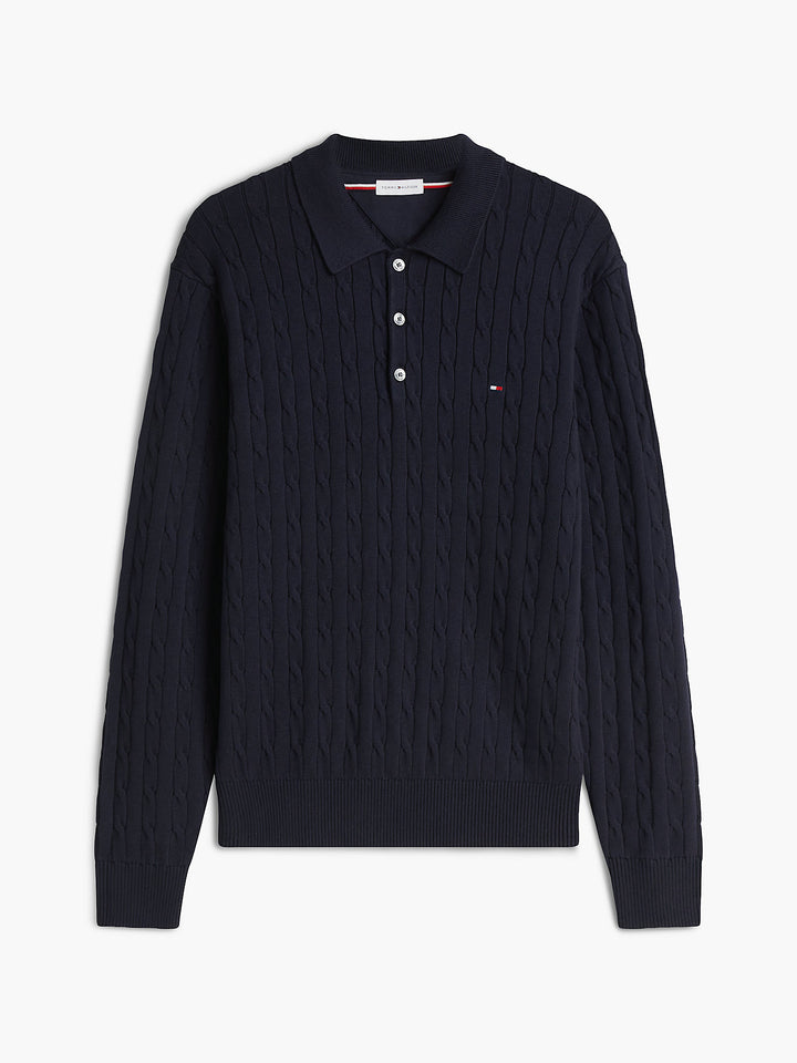 Navy cotton cable-knit long-sleeve polo sweater with button placket and chest logo