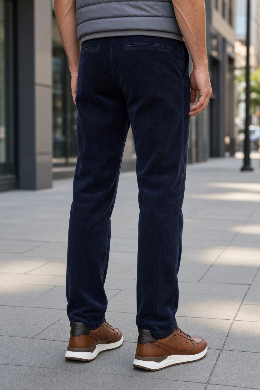 Navy stretch tailored-fit chinos with zip fly and side pockets