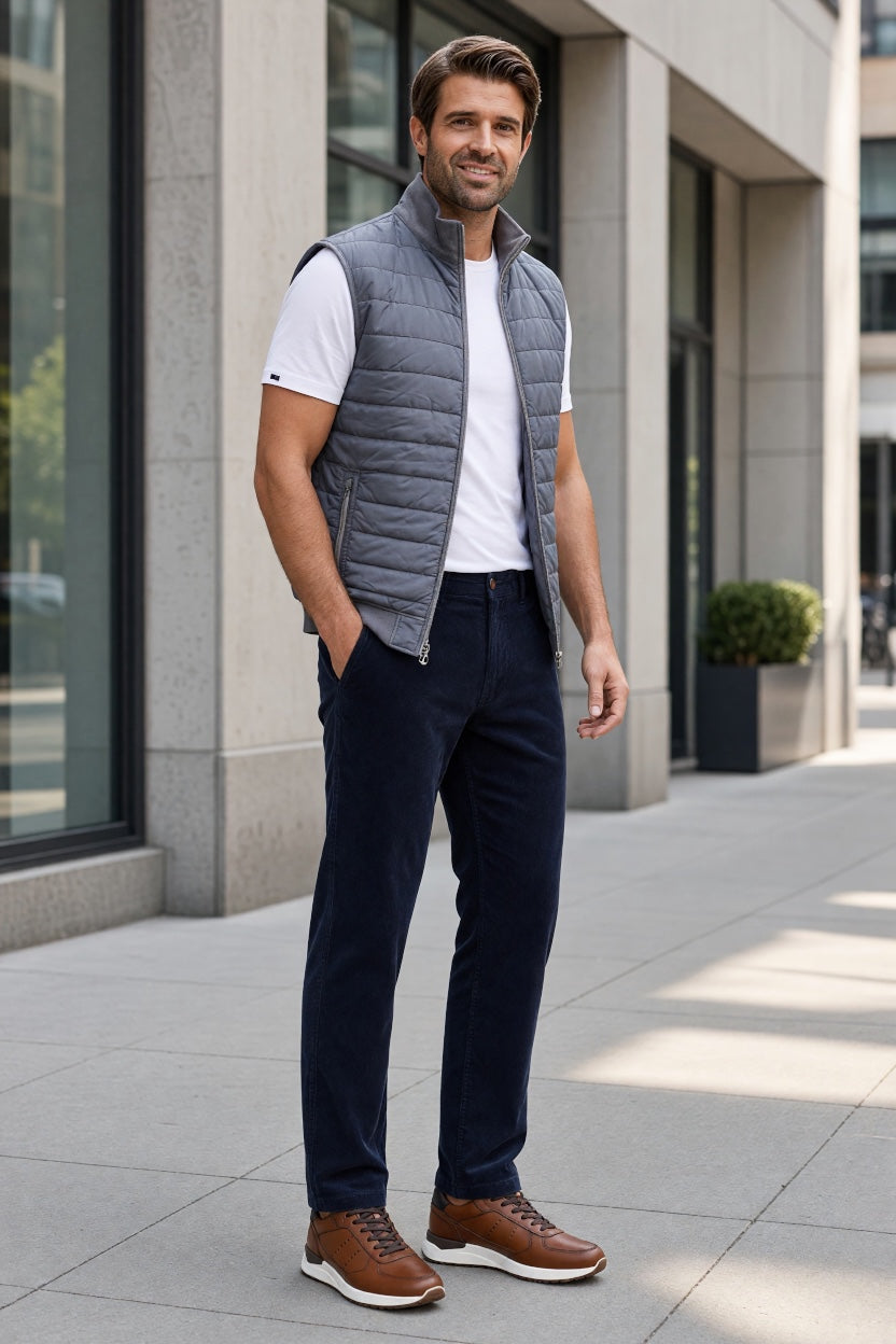 Navy stretch tailored-fit chinos, full-length view with tapered legs