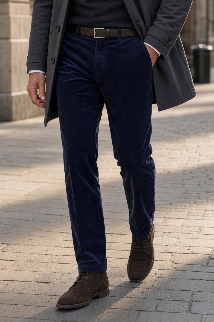 Navy cord trousers with belt loops, side pockets, and tapered legs