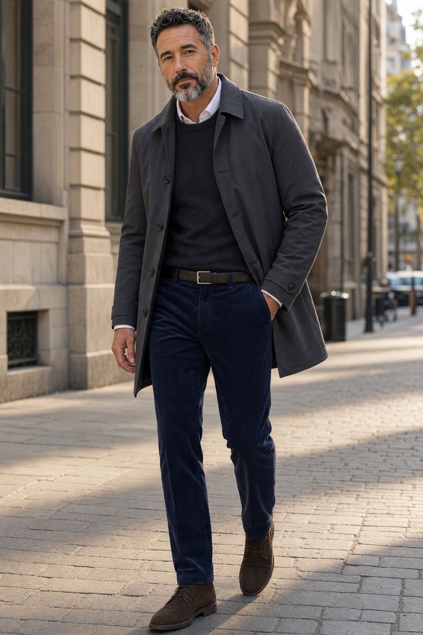 BRUHL stretch navy cord trousers, straight fit with belt loops and front button closure