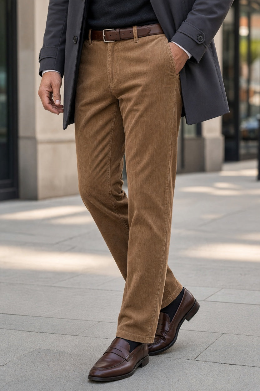 Stretch taupe cord trousers with belt loops and front pockets