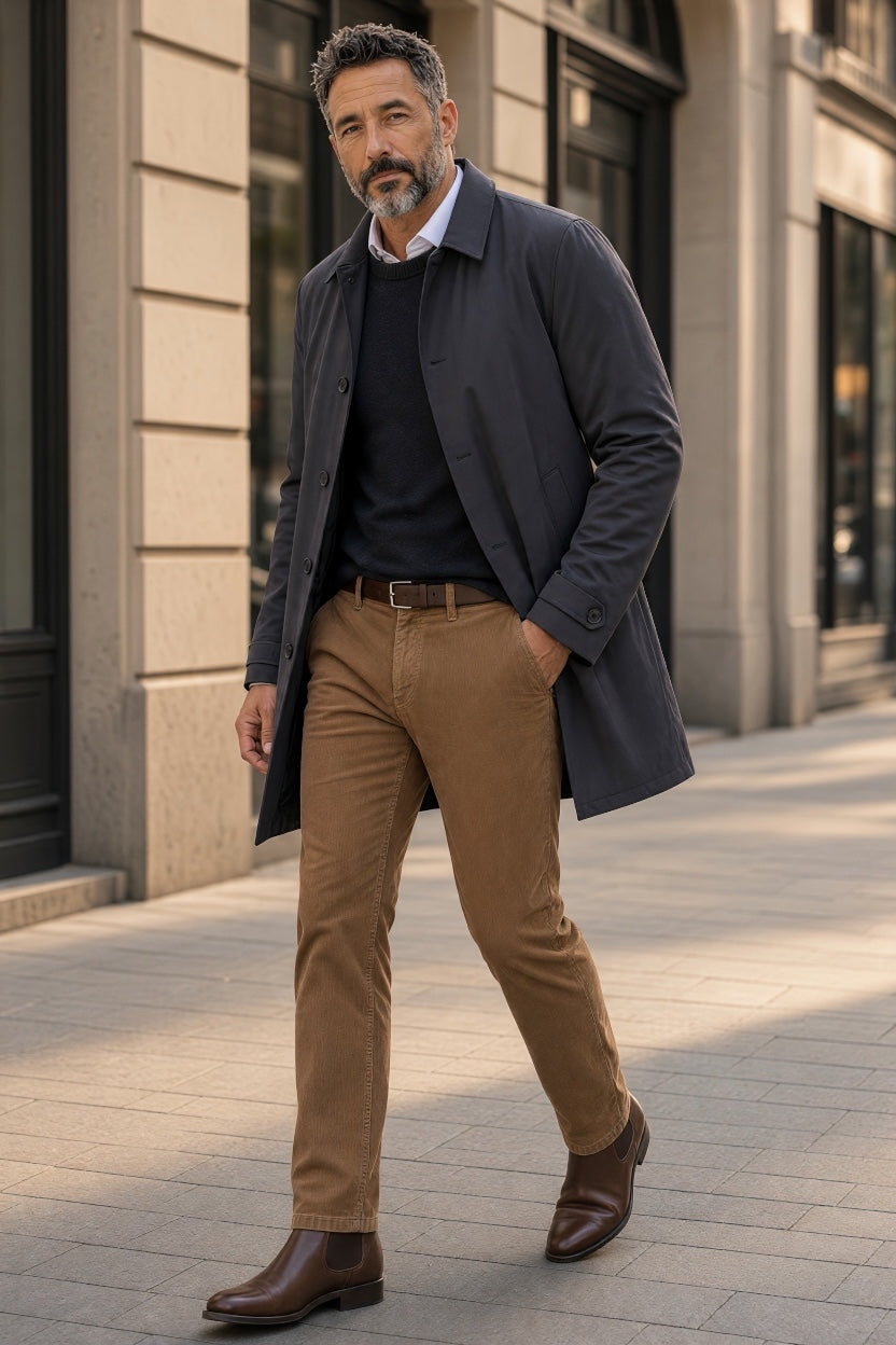 BRUHL stretch taupe cord trousers, slim fit with zip fly and belt loops