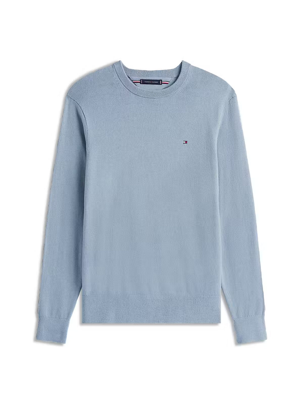 Light blue crew neck sweater, long sleeves, small red logo on chest