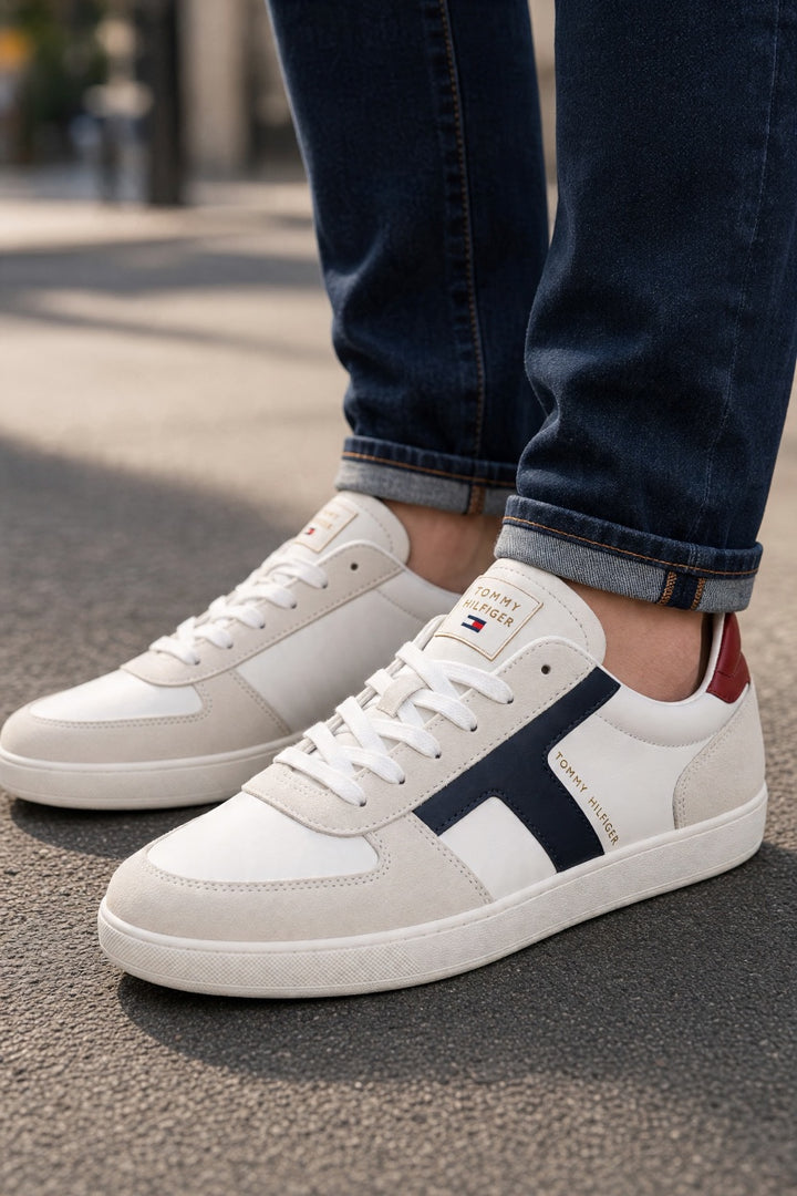 White low-top sneakers with navy side stripe worn with blue jeans