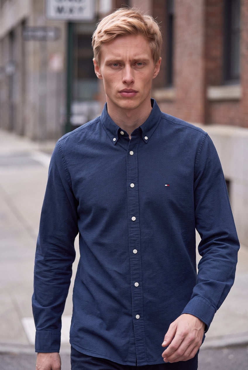 TOMMY HILFIGER  NAVY DOBBY STRUCTURE RF SHIRT