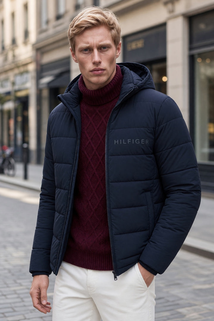 Navy puffer jacket with hood, full-zip, HILFIGER logo on chest