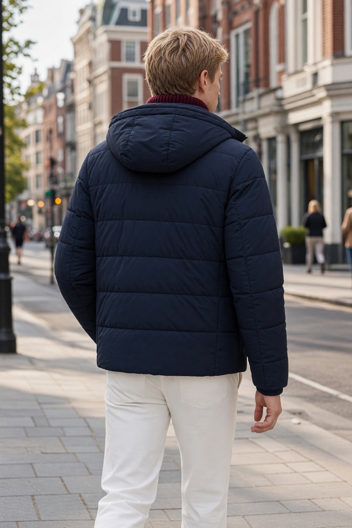 Navy puffer jacket with detachable hood, full-zip, padded quilted back