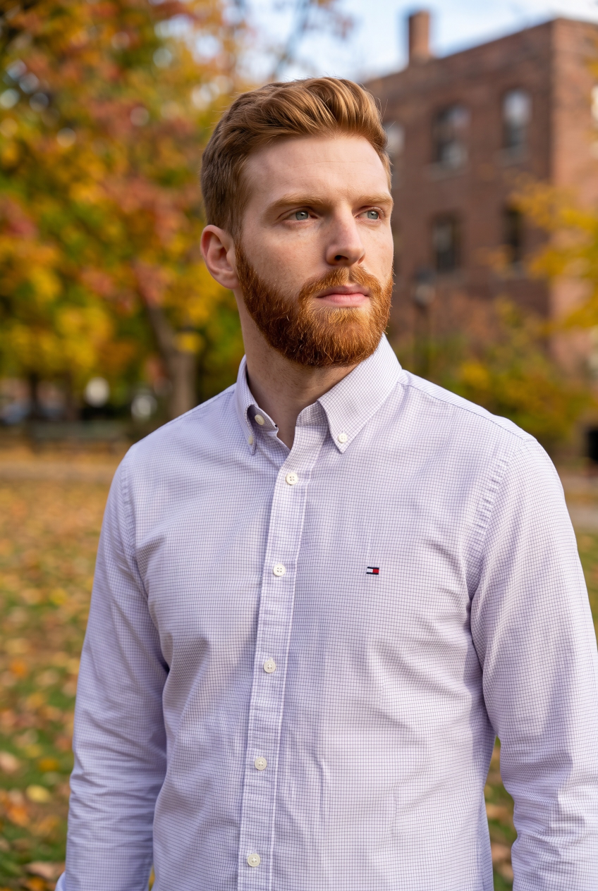 Light blue dobby check button-down dress shirt with chest TOMMY logo, long sleeves