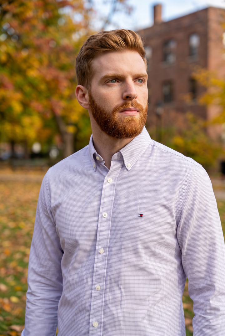Light blue dobby check button-down dress shirt with chest TOMMY logo, long sleeves