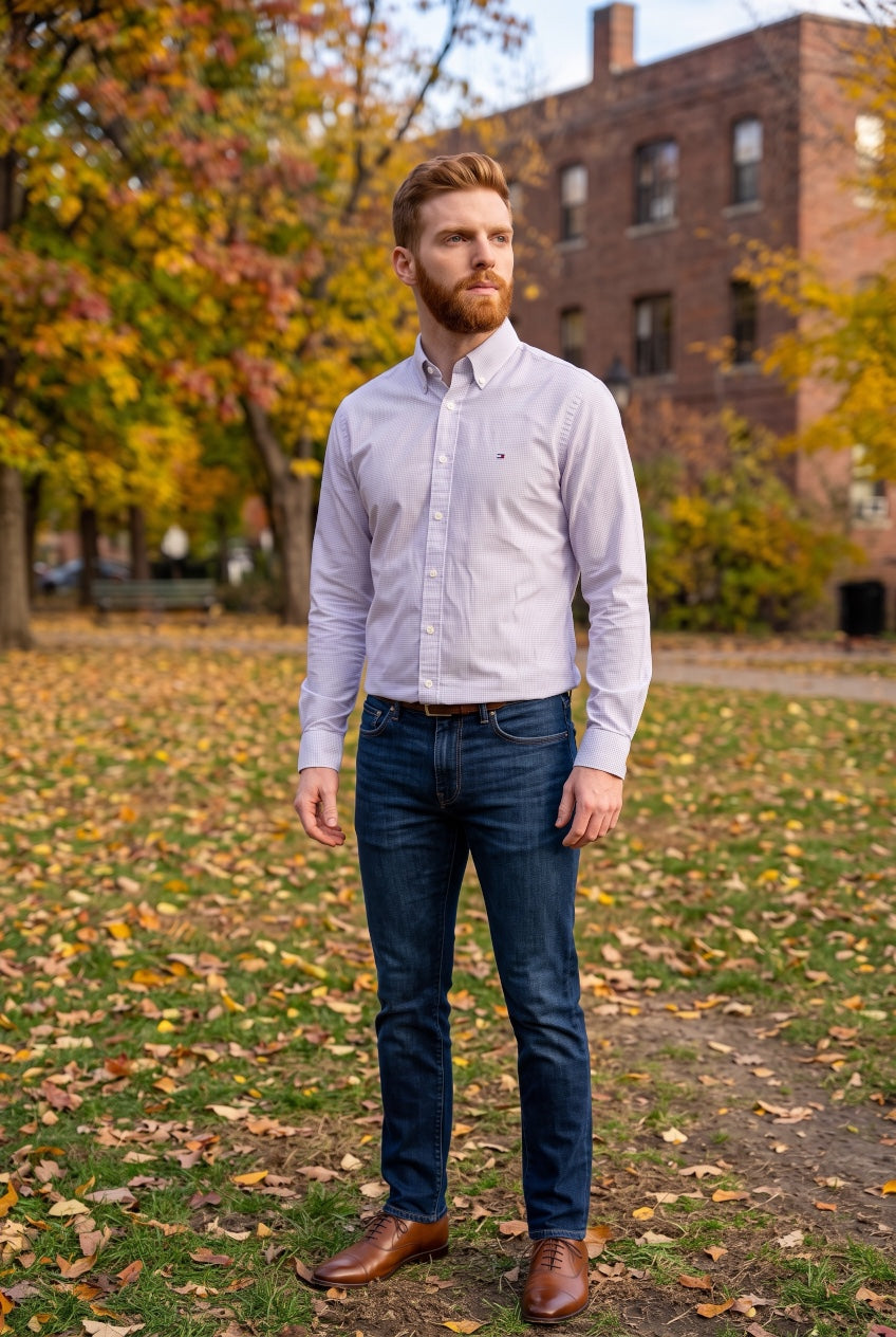Light blue dobby check button-down dress shirt, long sleeves, front placket and collar