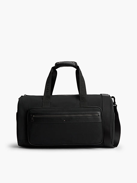 Black duffle bag with top handles and detachable shoulder strap, front organizer pocket