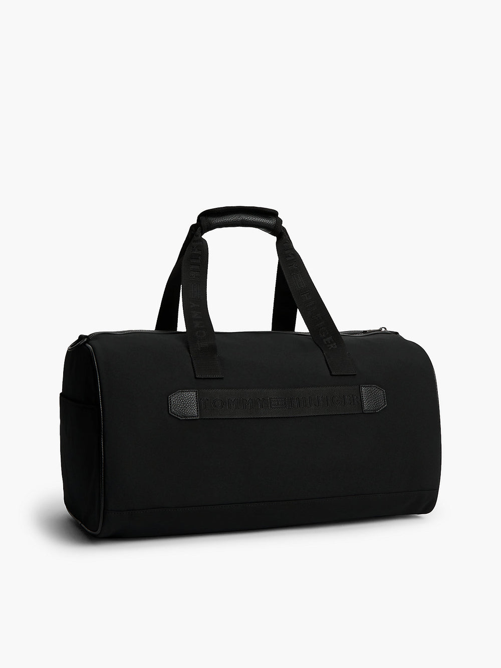 Black duffle bag with wide front strap panel and top carry handles
