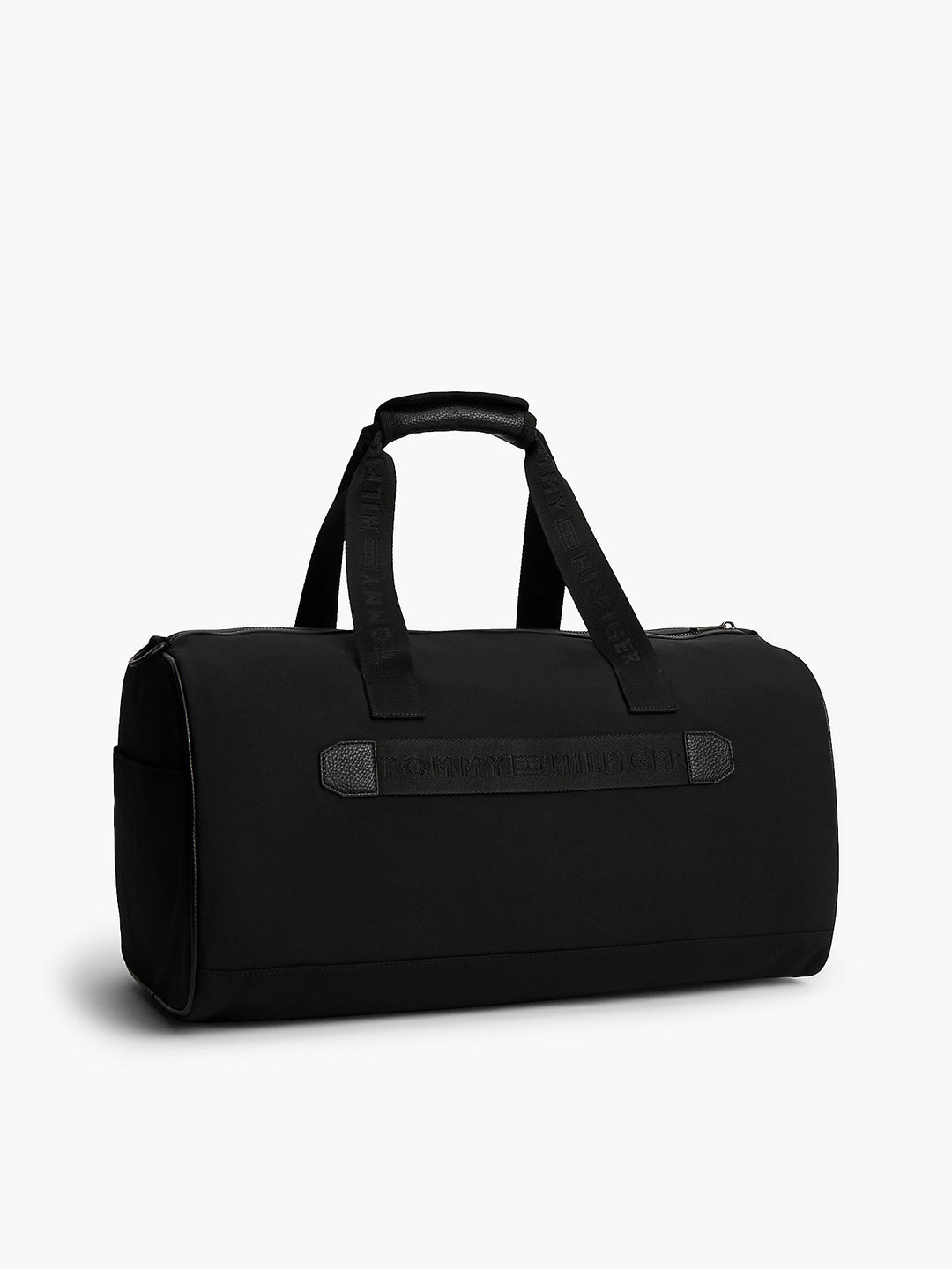 Black duffle bag with wide front strap panel and top carry handles