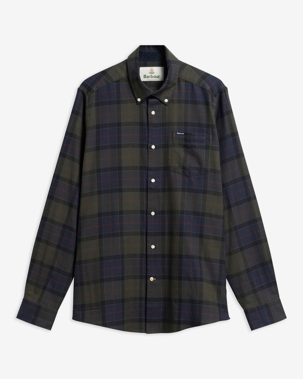 Barbour tailored plaid long-sleeve button-up shirt, dark green and navy check, collar