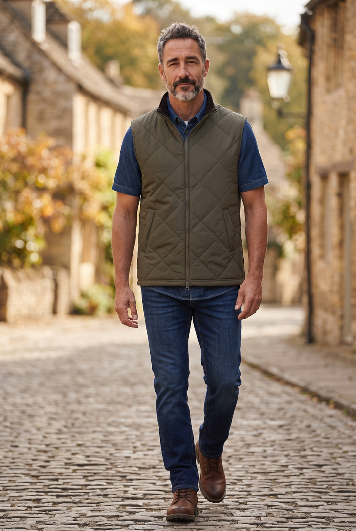 Olive quilted sleeveless gilet on man over jeans, front zip and high collar