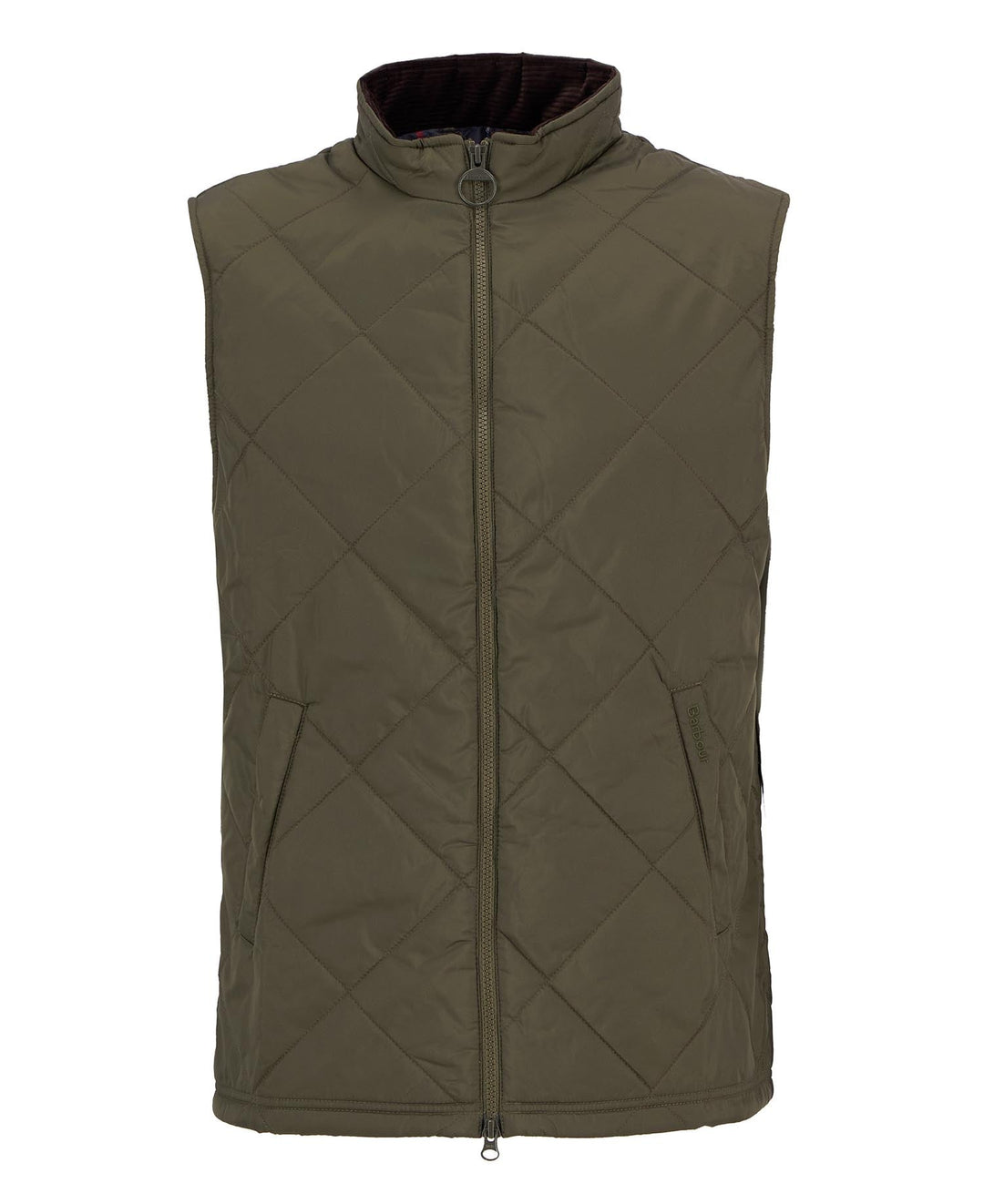 Olive quilted winter gilet vest with full front zip and high collar