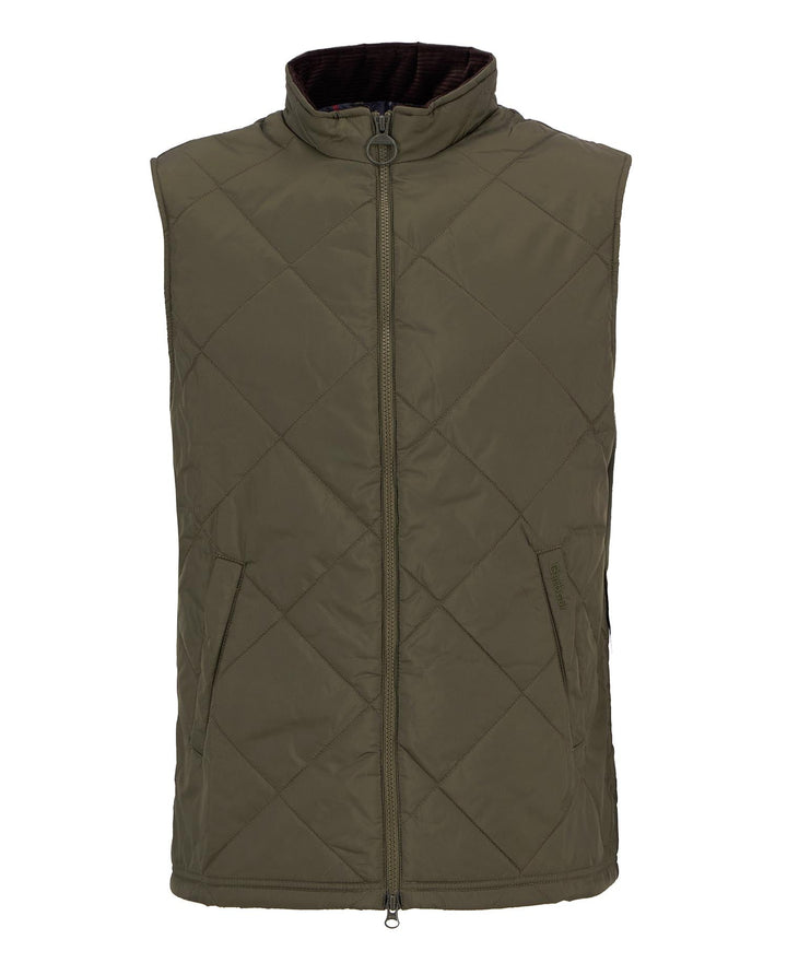 Olive quilted winter gilet vest with full front zip and high collar