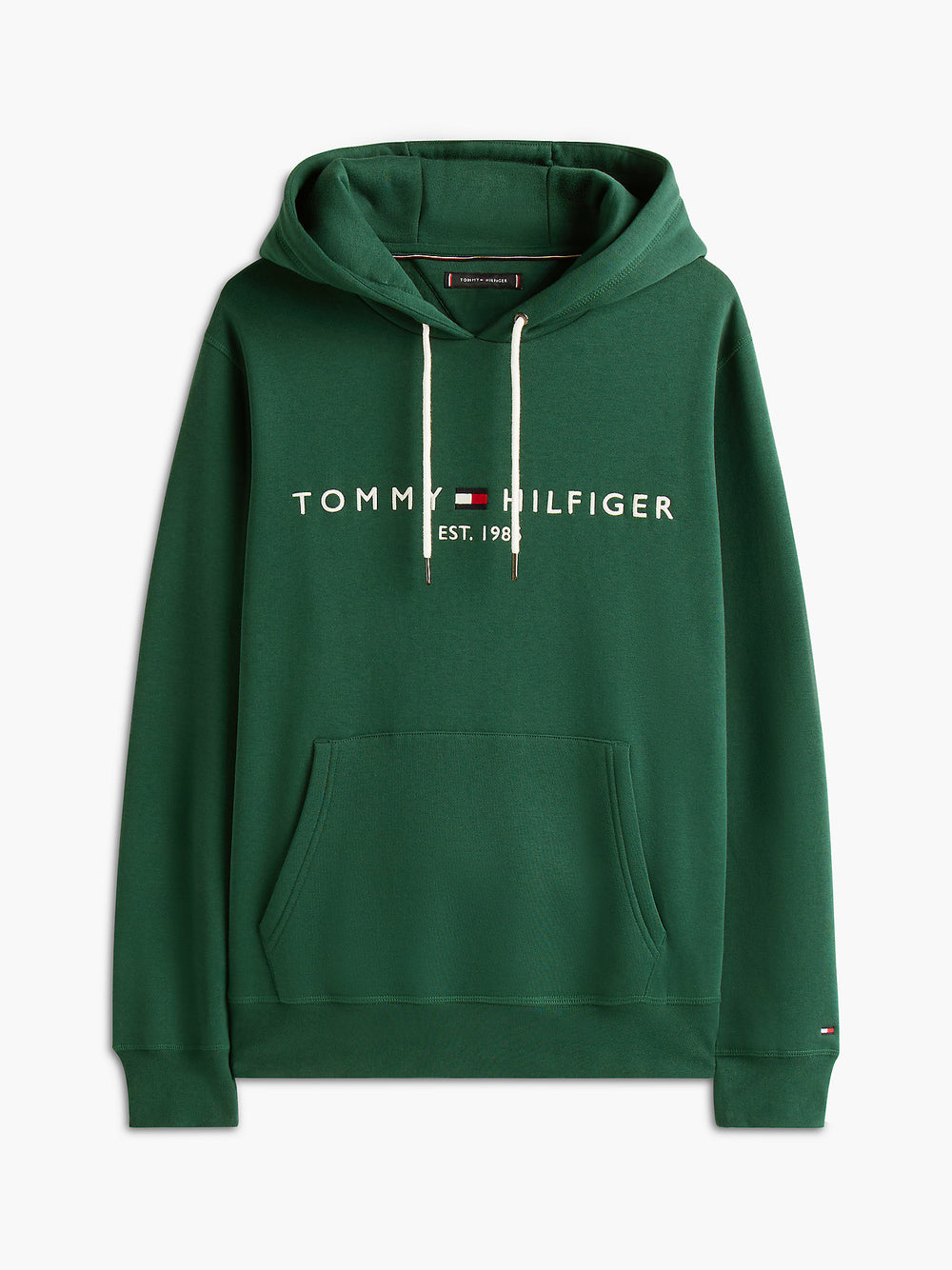 Green Tommy Hilfiger logo hoodie with hood, white drawstrings, and front pouch pocket
