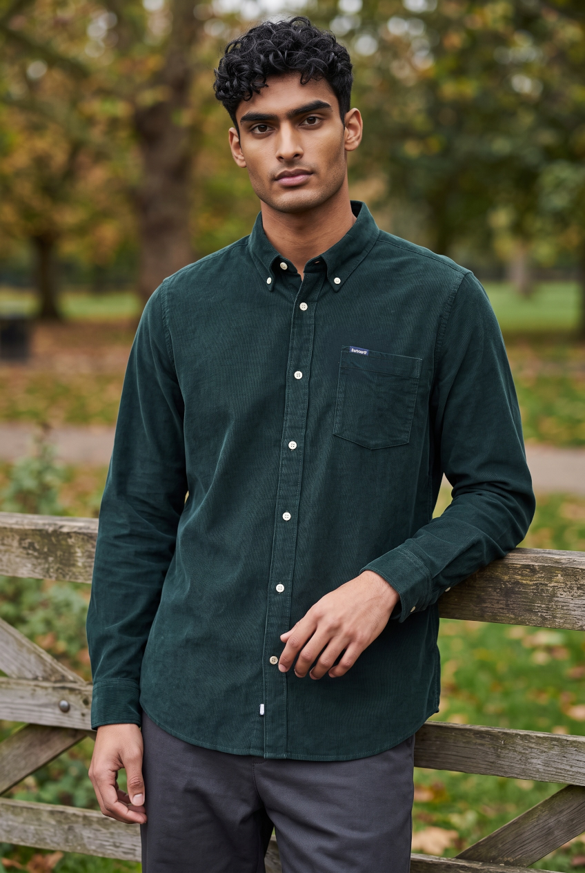 Barbour men's tailored cord shirt in dark green, button-front with chest pocket