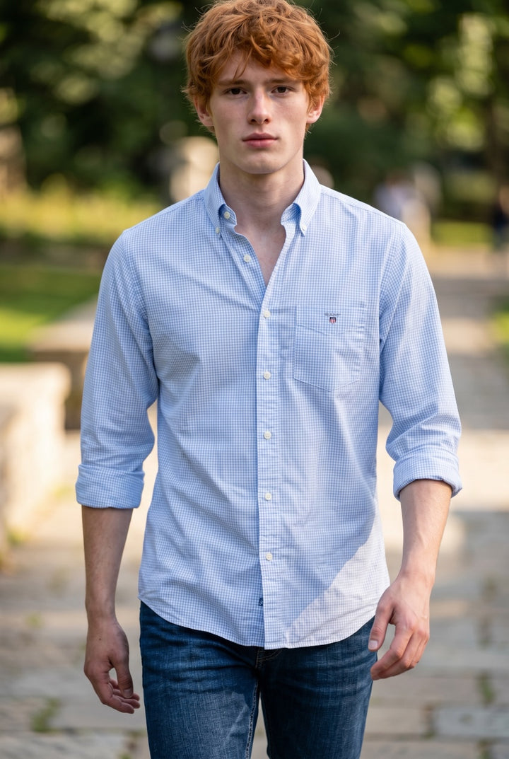 GANT light blue gingham poplin button-down shirt on model, long sleeves
