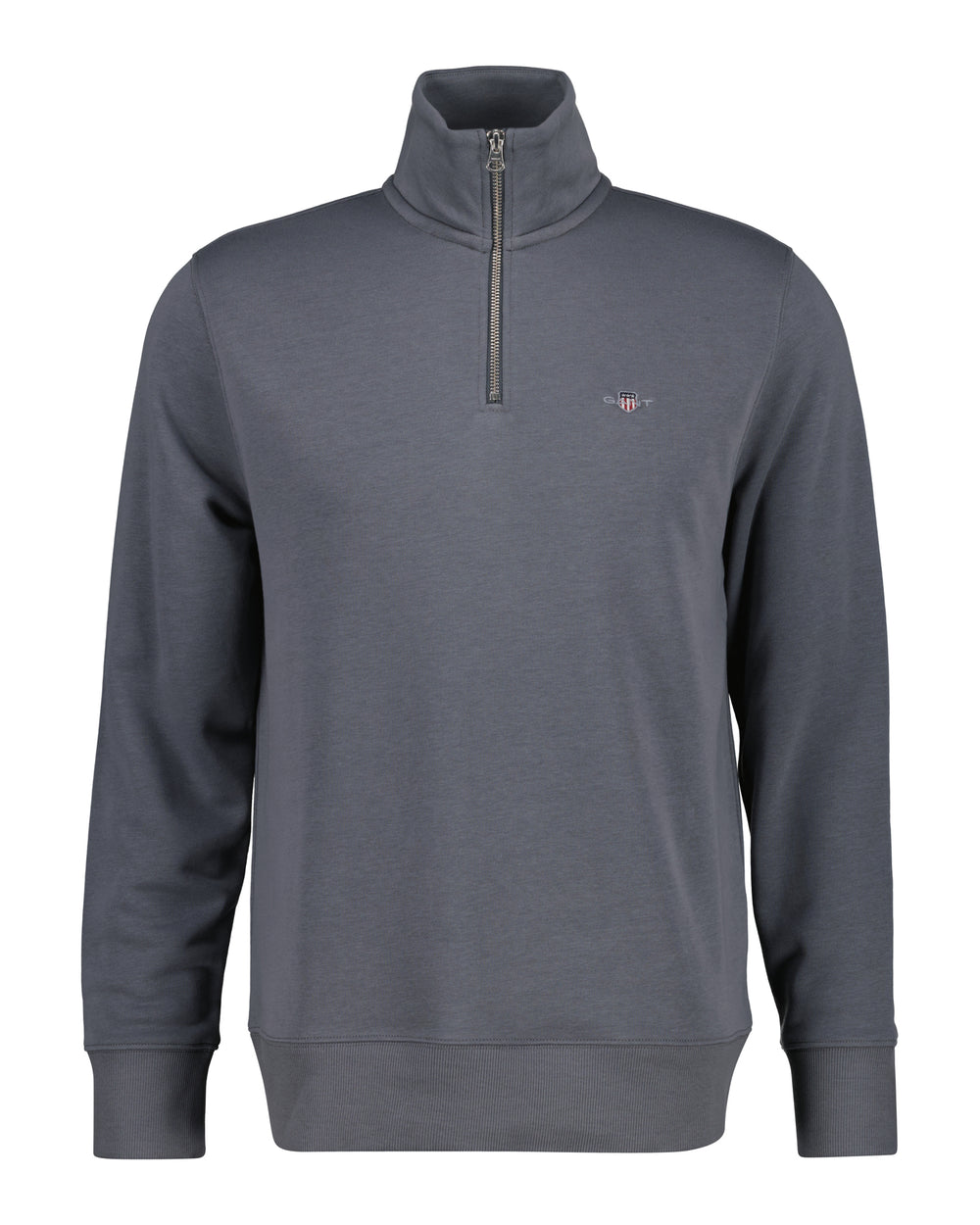Dark grey half-zip sweatshirt with stand collar and chest logo